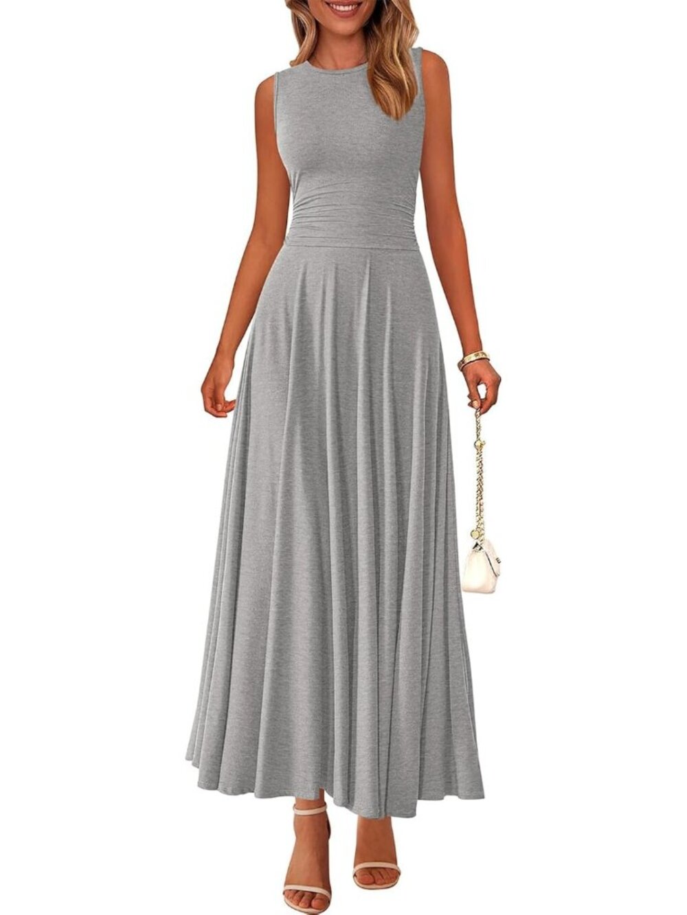 Women's Grey Summer Dresses Casual Sleeveless Crewneck Flowy Aline Maxi Dress